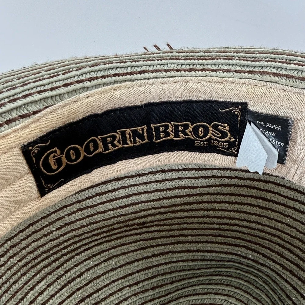 GOORIN BROS Tan Paper Straw Fedora Hat Adult Large Striped Ribbon‎ Brown Blue
